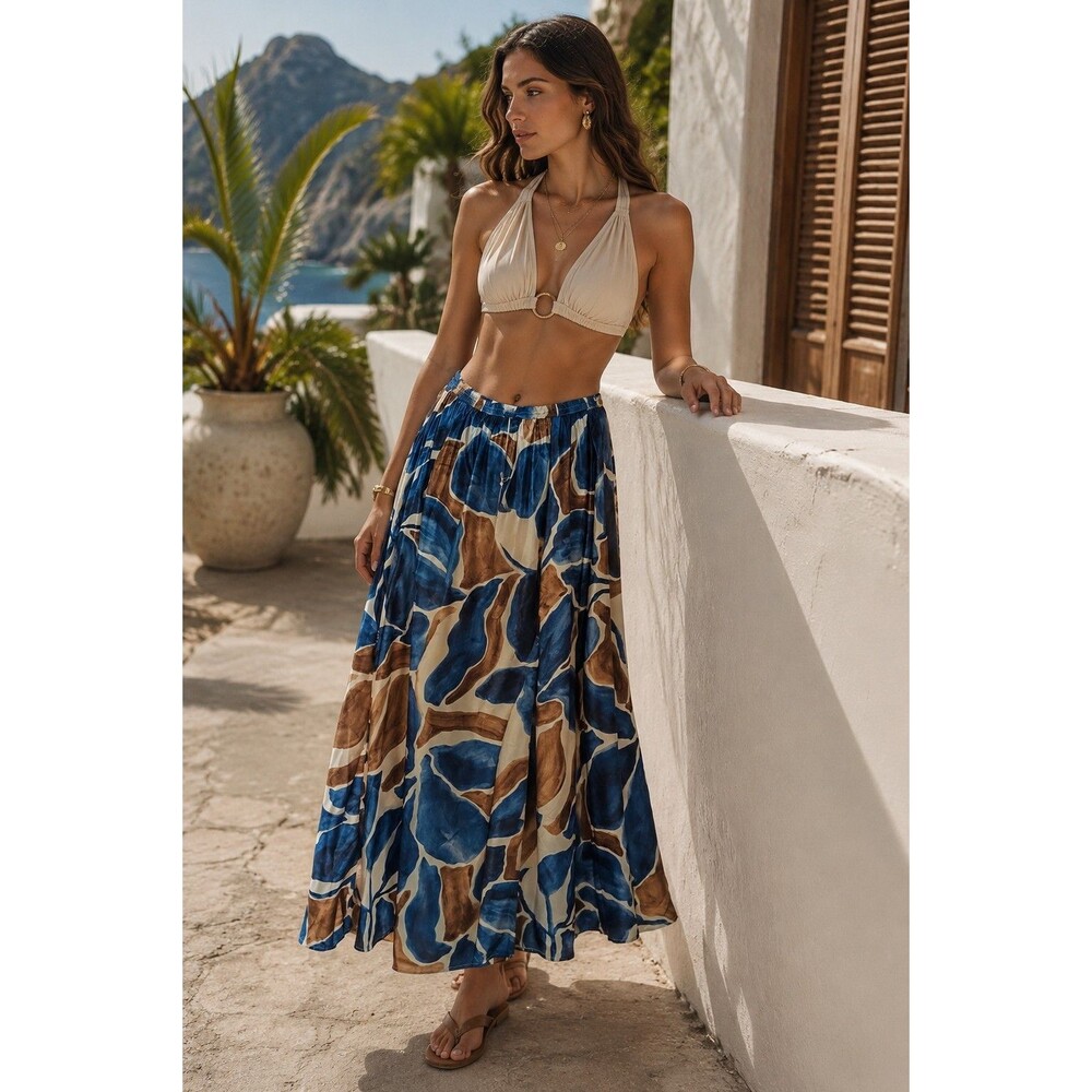 Calypso St. Barth Abstract Print Maxi Skirt Blue Brown Cream Boho Resort Sz M